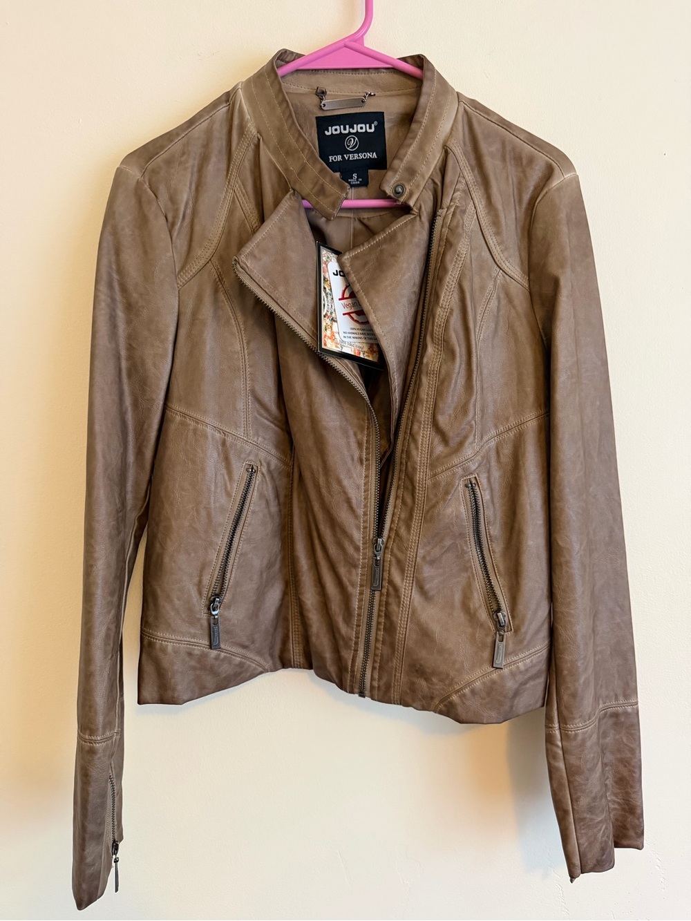NWT JouJou for Versona Taupe Faux Leather Moto Jacket Size S